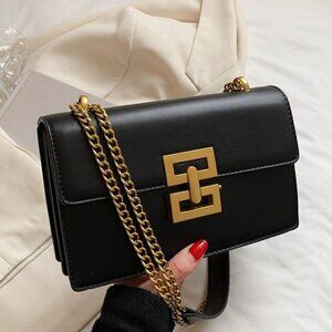 Black Fashionable Women's Minimalist Metal Decor Chain Shoulder Bag Elegant Faux
